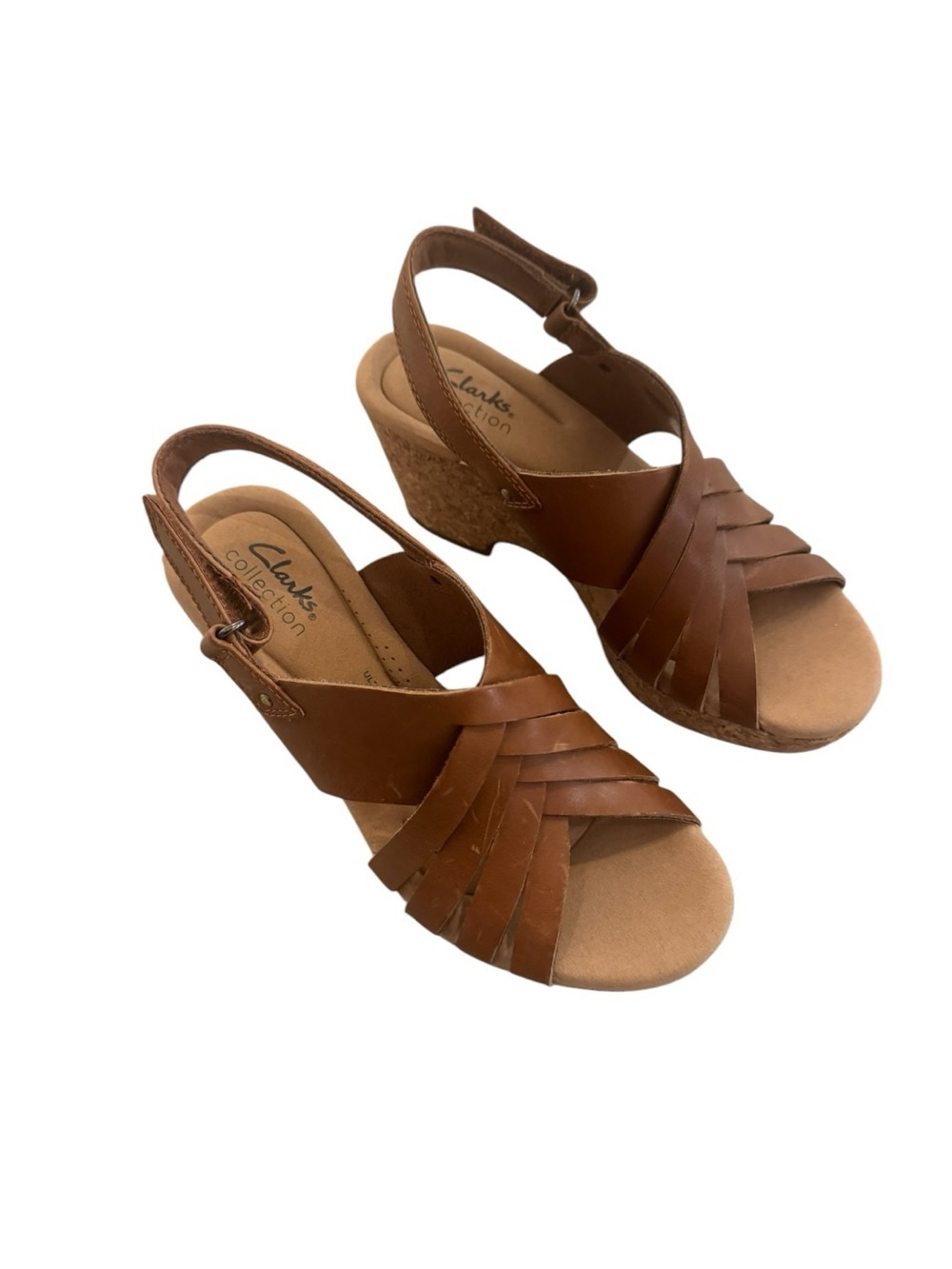 Clarks Giselle Brown Leather Woven Cork Wedge Sandals size 6.5